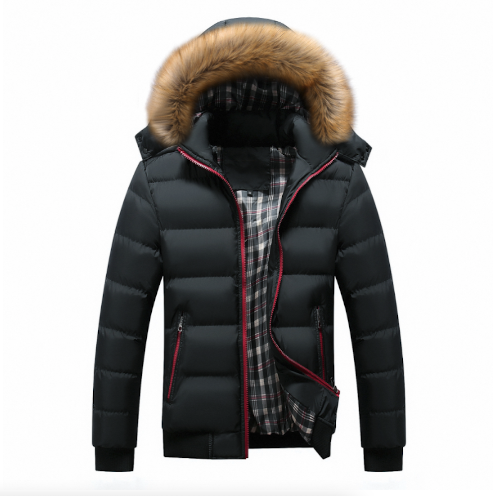 Men's two-tone puffer jacket with removable hood
