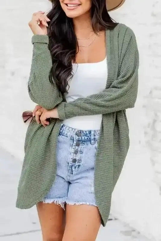 Women's Laurel Green Waffle-Knit Cardigan