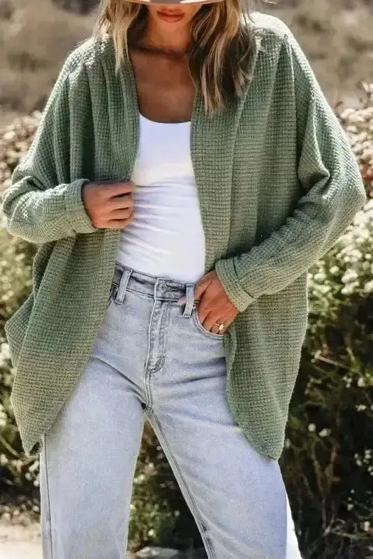 Women's Laurel Green Waffle-Knit Cardigan