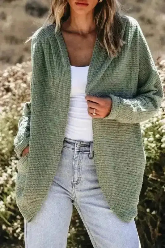 Women's Laurel Green Waffle-Knit Cardigan