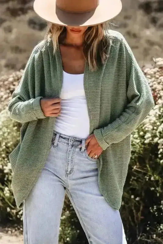 Women's Laurel Green Waffle-Knit Cardigan