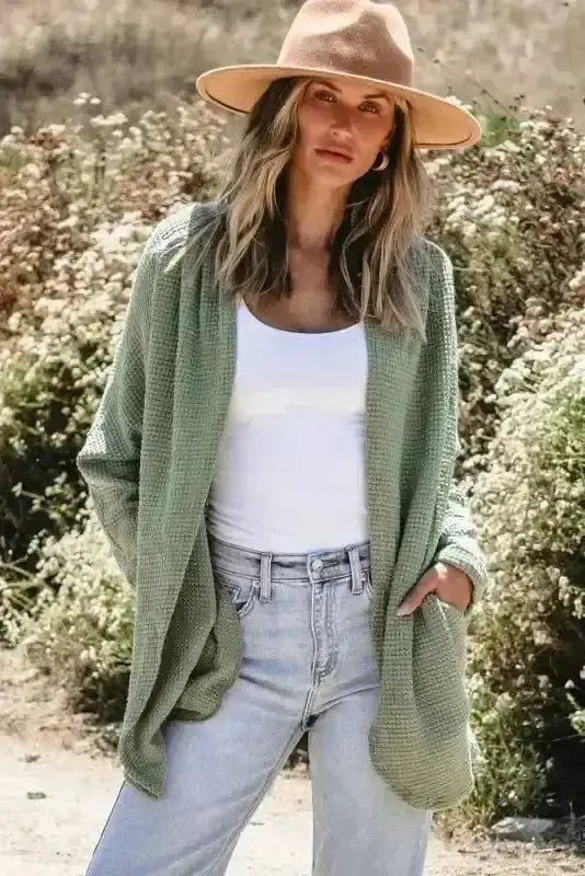 Women's Laurel Green Waffle-Knit Cardigan