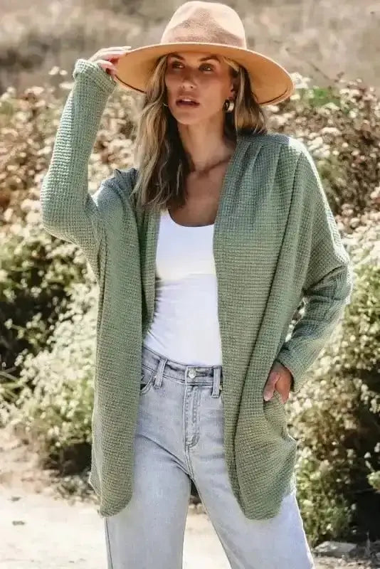 Women's Laurel Green Waffle-Knit Cardigan
