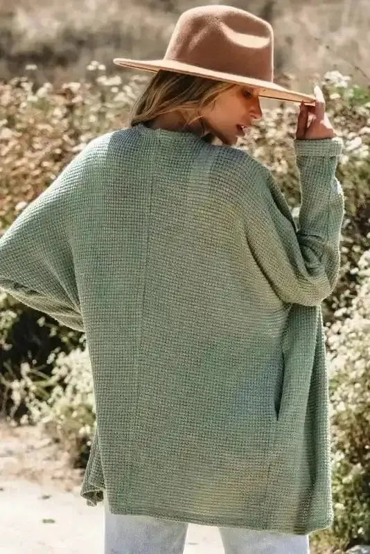 Women's Laurel Green Waffle-Knit Cardigan