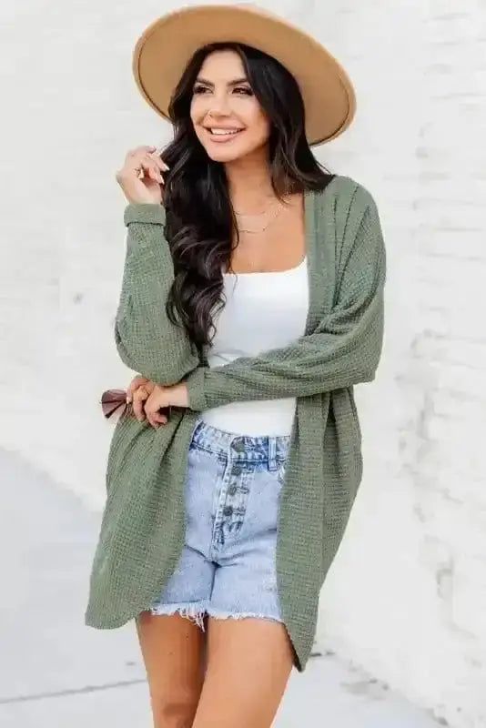 Women's Laurel Green Waffle-Knit Cardigan
